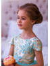 Cap Sleeves Tiffany Blue Jacquard Tulle V Back Flower Girl Dress